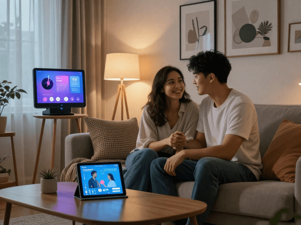 Couple exploring ai sex technology in a cozy living room setting.