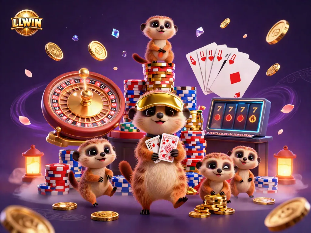 Experience the excitement of LLWIN with meerkats running a vibrant casino, surrounded by jackpots and gameplay.