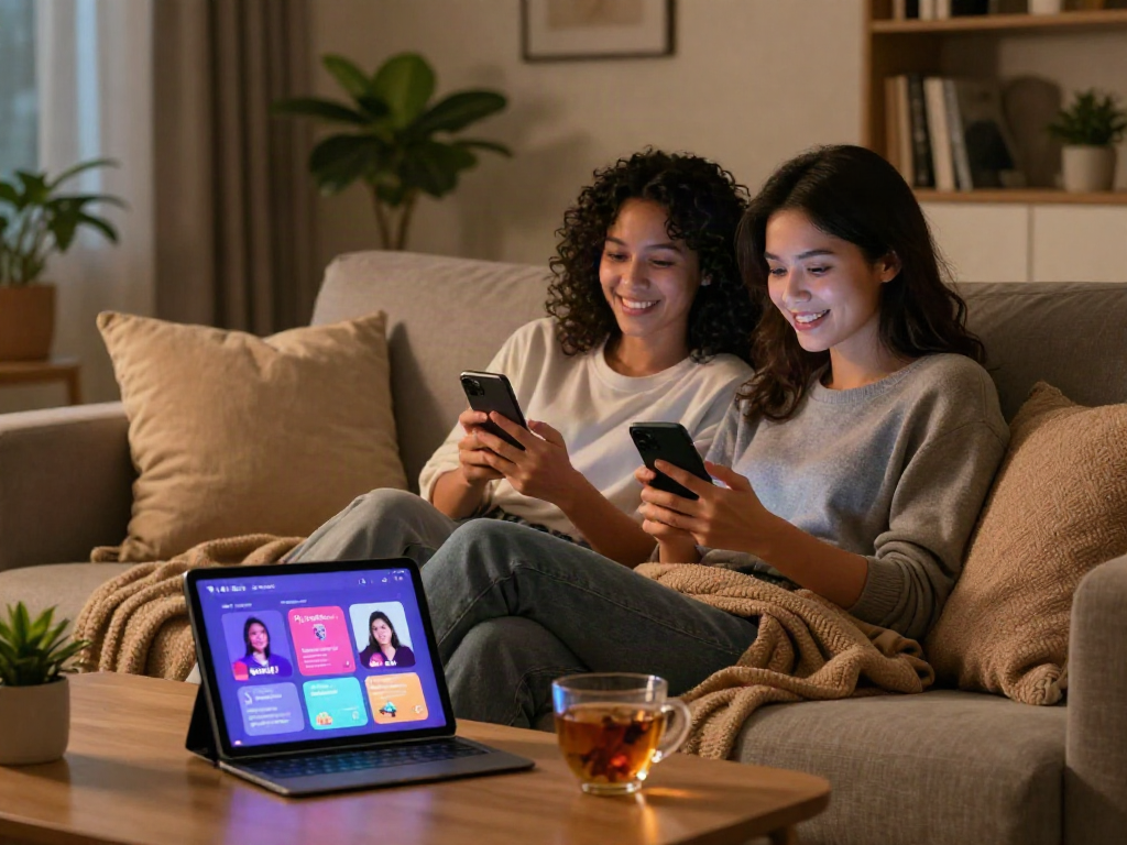 Couple exploring AI sex apps in a cozy living room setting, showcasing intimate technology.