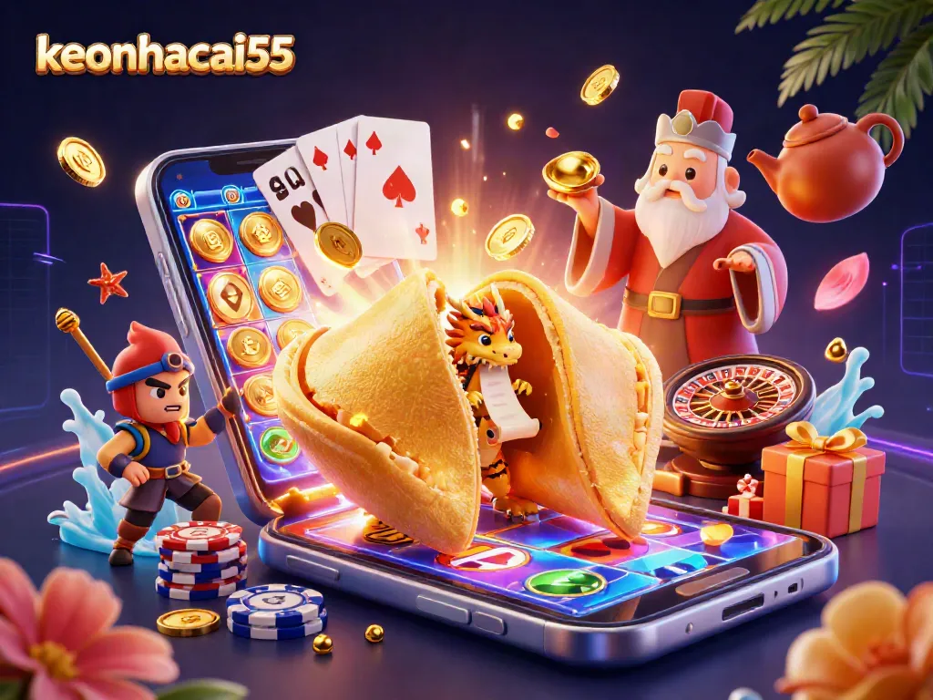 Experience keonhacai55's colorful slot game action amidst a dynamic casino scene with playful characters.
