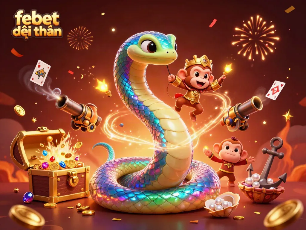 Engage in febet đổi thưởng as radiant characters celebrate with treasures and casino elements.