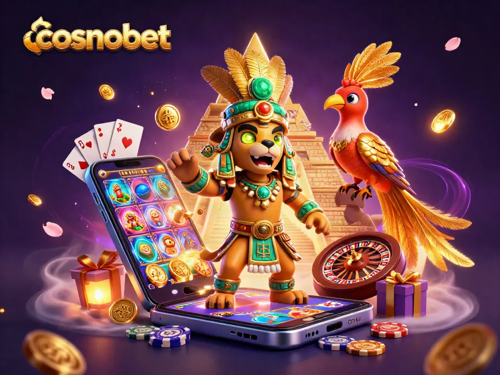 Spin to win with cosmobet at this vibrant 3D casino scene showcasing rich gaming elements.