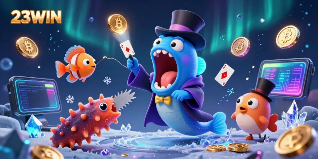 Engaging scene featuring 23WIN's magical underwater casino with vibrant characters and crypto elements.