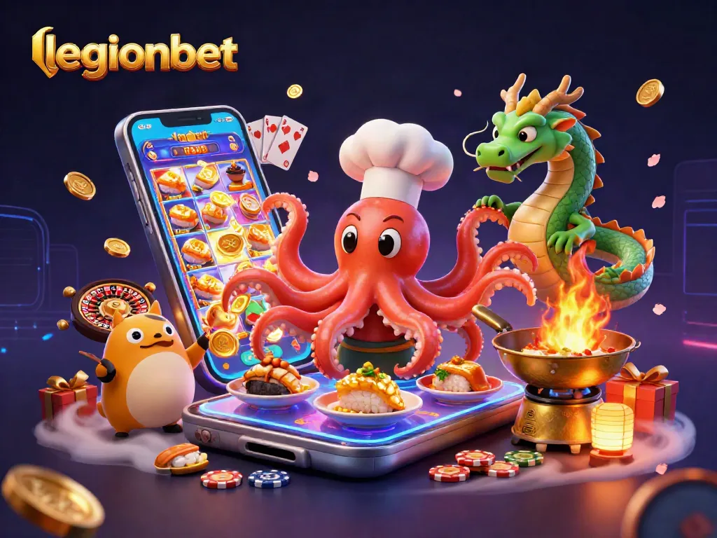 Engage in gaming excitement at legionbet with a dynamic casino illustration showcasing games and characters.