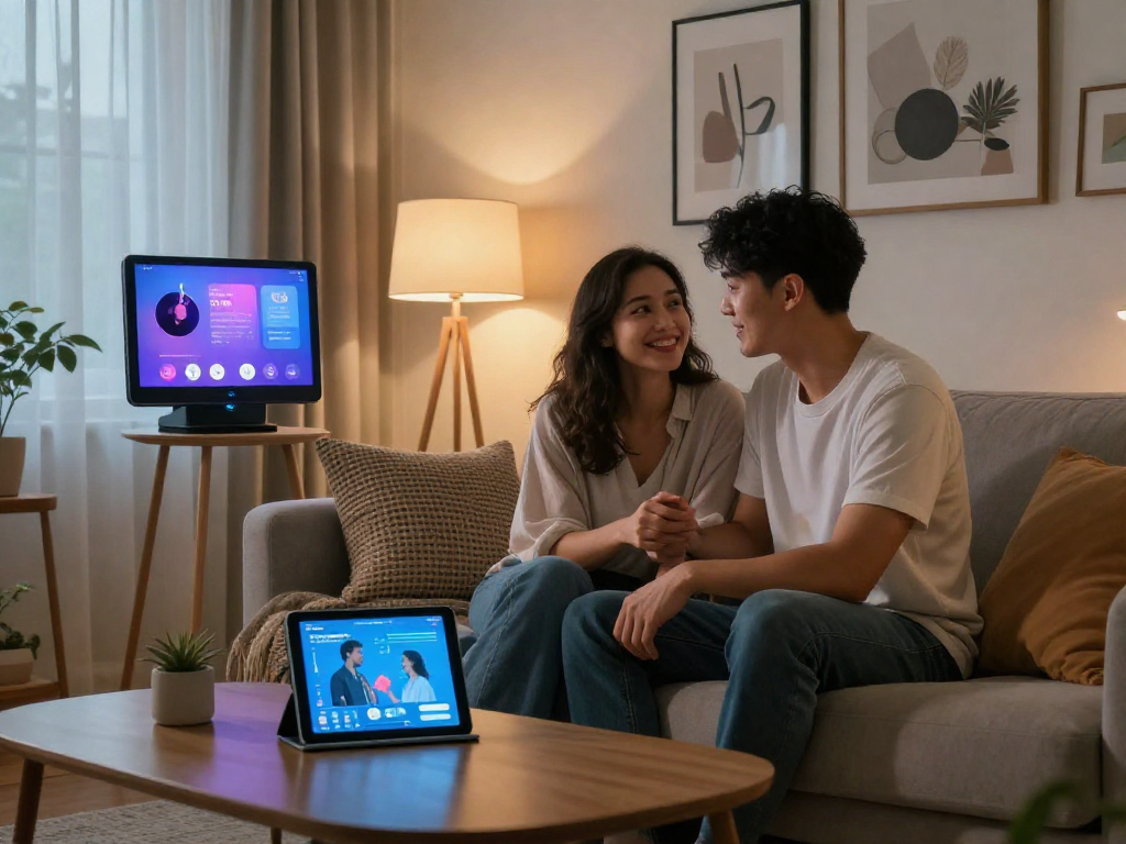 Couple exploring ai sex technology in a cozy living room setting.