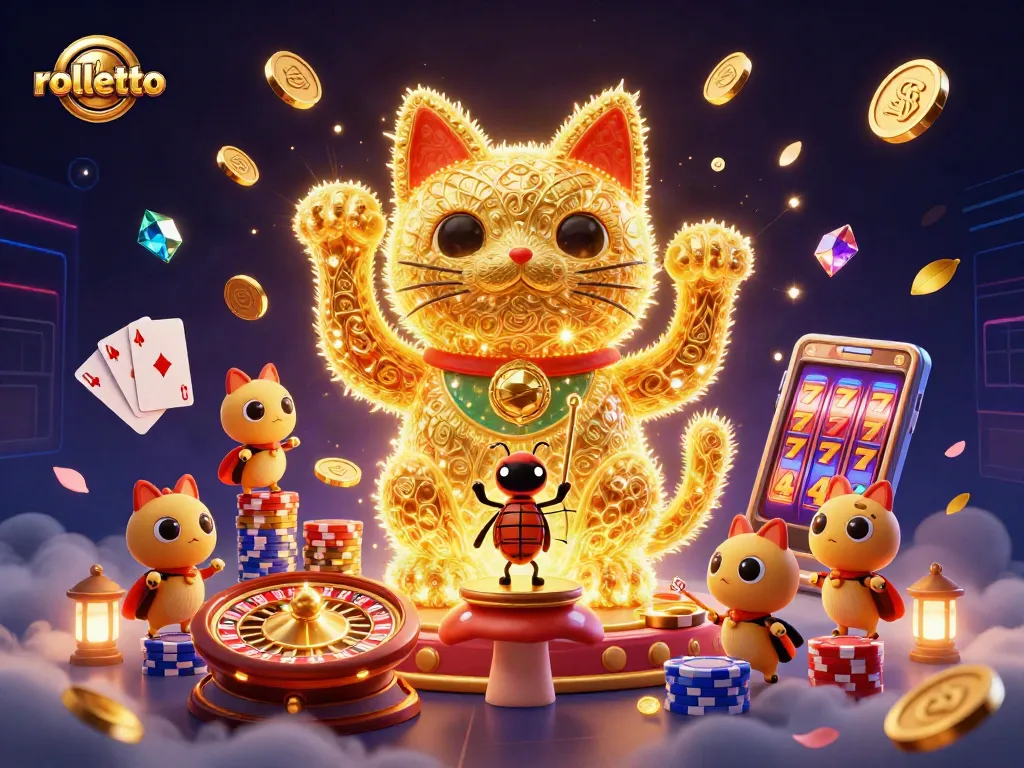 Experience the excitement of rolletto with a lucky cat animated with casino symbols in a vibrant 3D scene.