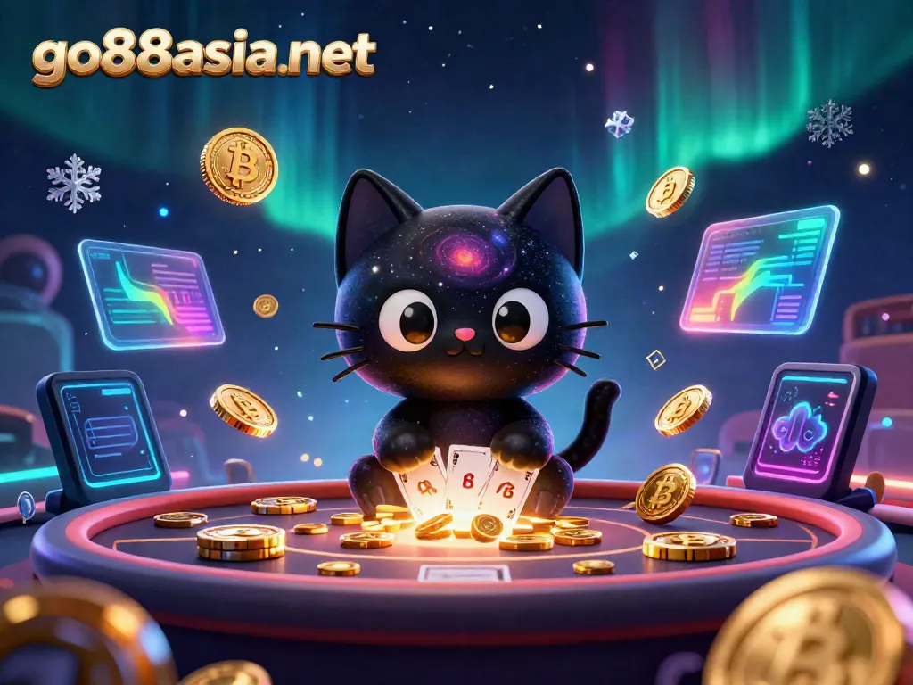 Engaging scene from go88asia net featuring a cosmic casino with a black hole cat and digital currency elements.