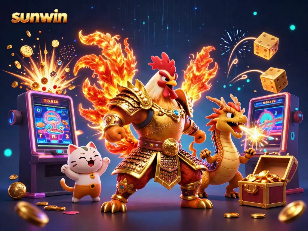 Experience thrilling wins at sunwin with a courageous rooster warrior and a fiery dragon, set against a vibrant casino backdrop.