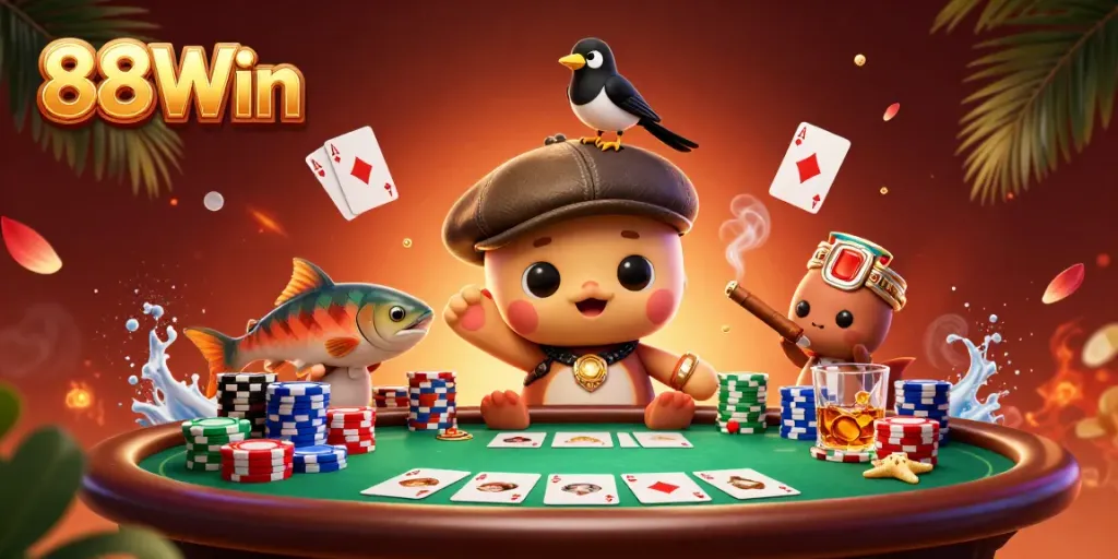Join the excitement at 88Win with playful characters amidst vibrant poker action!