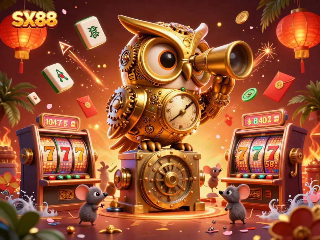 Experience the excitement at SX88, featuring a magical golden owl overseeing a vibrant casino scene with thrilling slot machines.