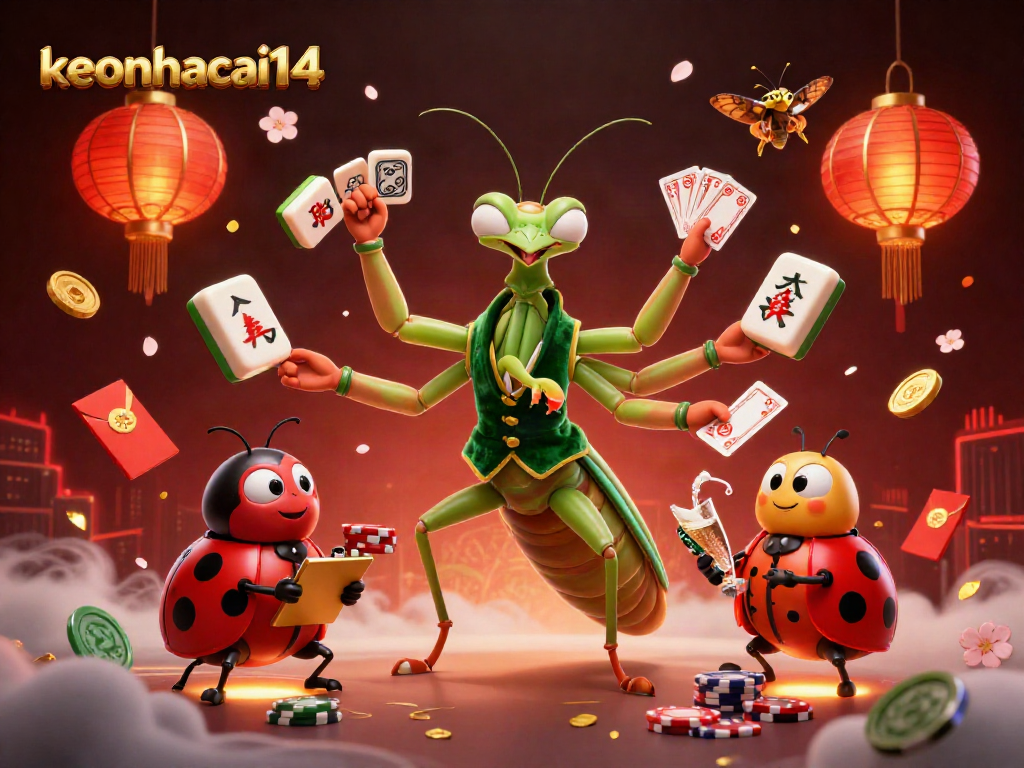 Engage in vibrant gaming action with keonhacai14's lively casino scene filled with 3D elements.
