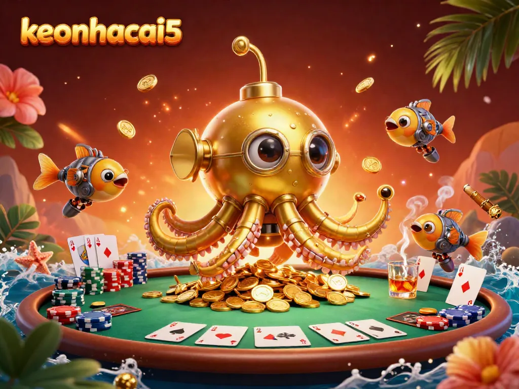 Engage with keonhacai5's thrilling gaming scene featuring a golden kraken submarine surrounded by poker elements and riches.