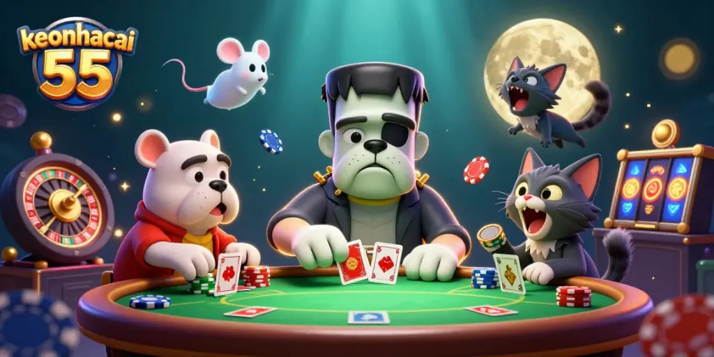 Engage in thrilling action at keonhacai 55 with a colorful 3D casino scene featuring animated characters decked with games.