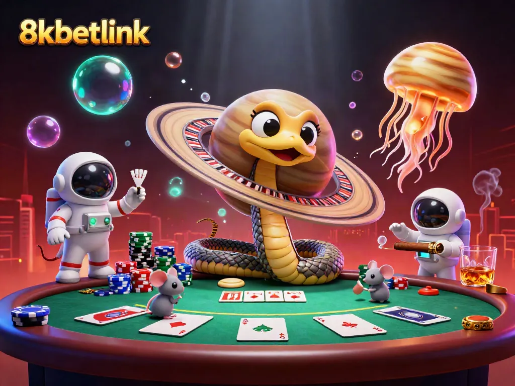 Experience the thrill of 8xbetlink at a virtual casino with betting astronauts and cosmic elements.