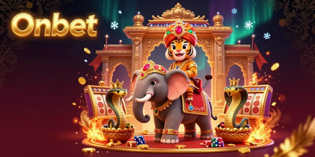 Experience thrilling gambling action with Onbet, featuring a majestic tiger and a golden elephant in a vibrant casino scene.