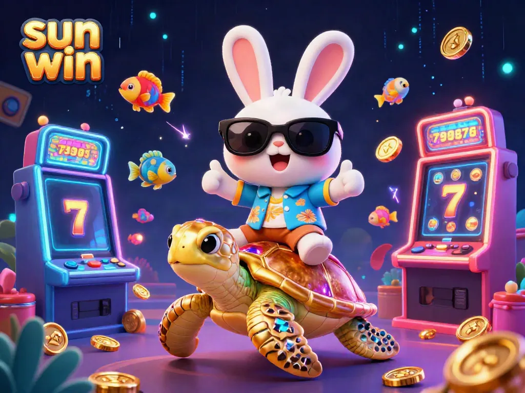 Spin to win with sun win's vibrant 3D casino scene featuring a lucky rabbit, a golden turtle, and slot machines.