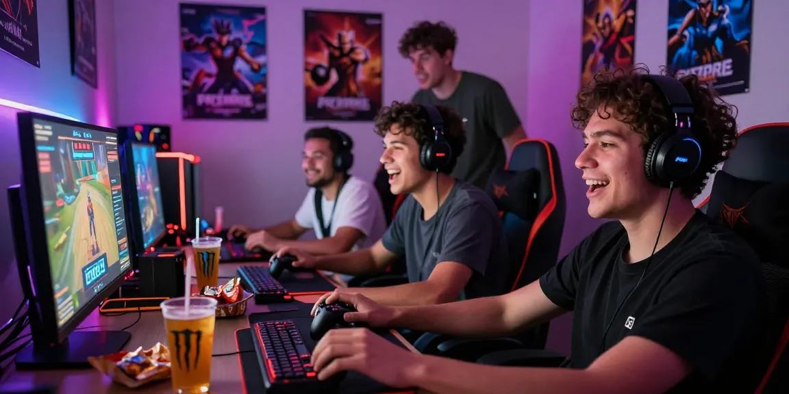 Diverse friends enjoying engaging free porn games in a cozy gaming room filled with snacks and colorful LED lights.