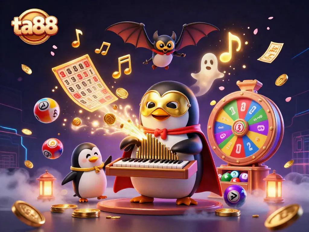 Engage with ta88's playful gaming scene featuring a penguin, bat acrobat, and floating lottery elements.