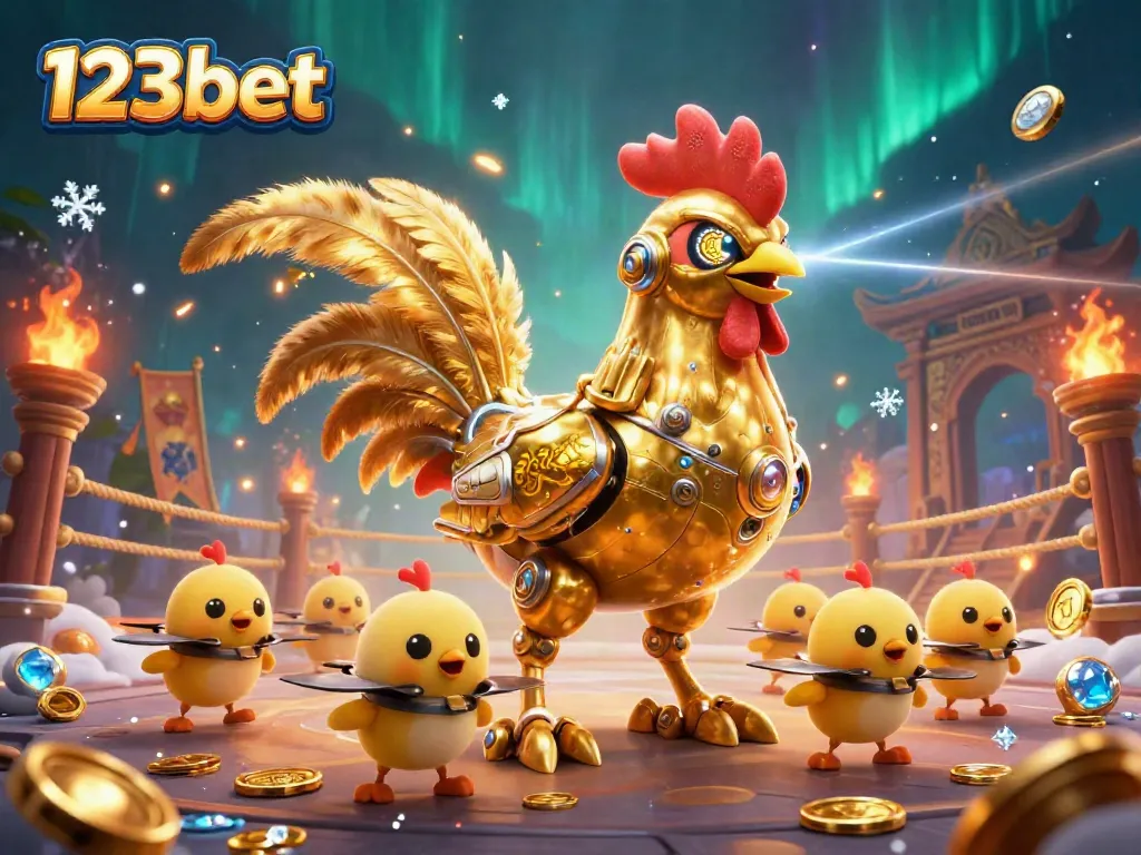 Engage with 123bet's thrilling casino games featuring a dynamic retro-futuristic rooster robot