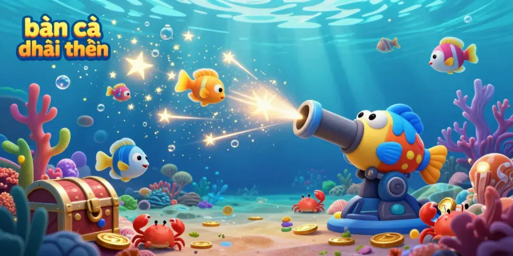 Bắn cá đổi thưởng game illustration featuring dynamic shooting cannon surrounded by colorful fish and treasure elements