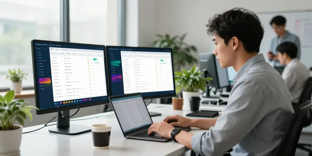 Domain registration UK expert analyzing data in a modern office environment.