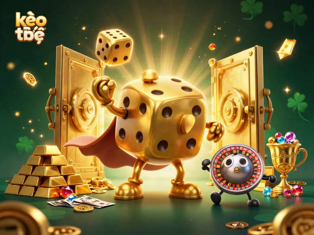 Experience kèo trực tuyến excitement with a massive golden dice golem and treasure, capturing the thrill of casino games.