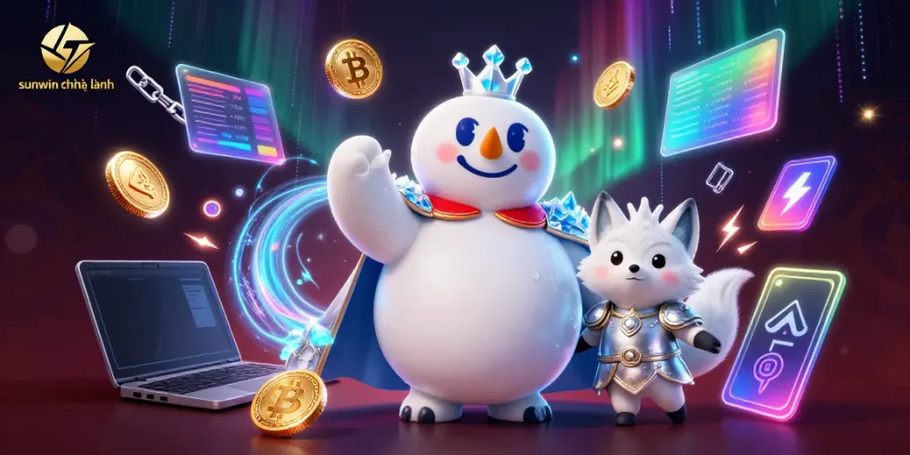 Experience sunwin chính hãng with engaging 3D casino elements in a vibrant digital scene.
