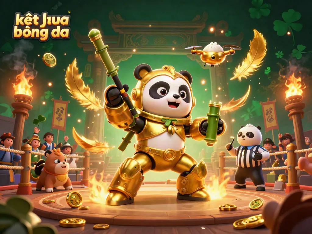 Experience real-time kết quả bóng đá updates in an exciting arena with a golden panda and dynamic elements.