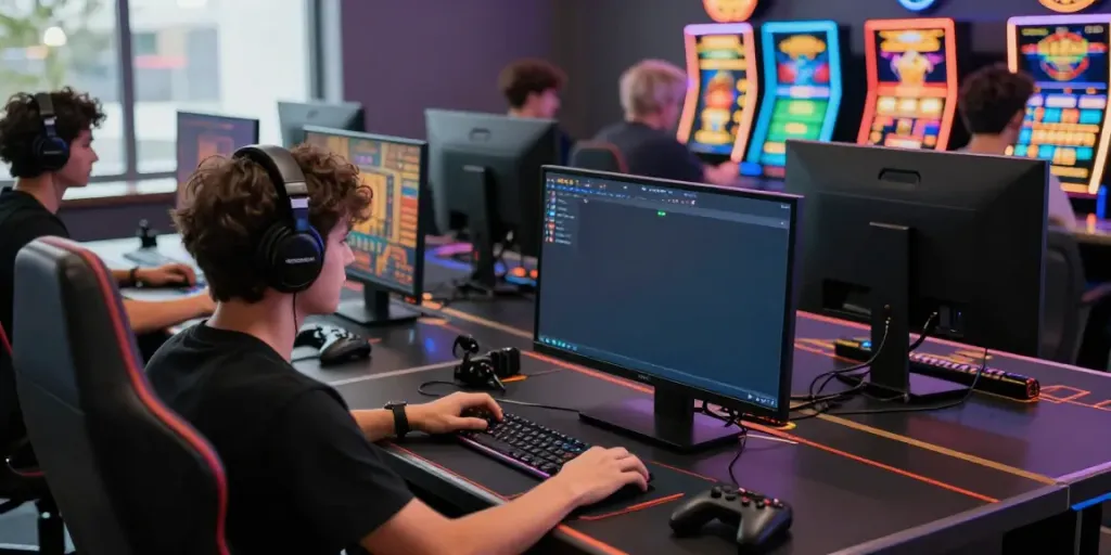 Gamer engaged on http://gem88-mobile.com with vibrant graphics and LED ambiance.