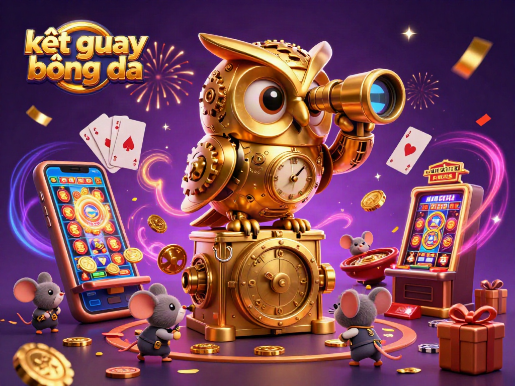 Experience kết quả bóng đá with a lively casino scene showcasing a clockwork owl, vibrant slot games, and festive energy.
