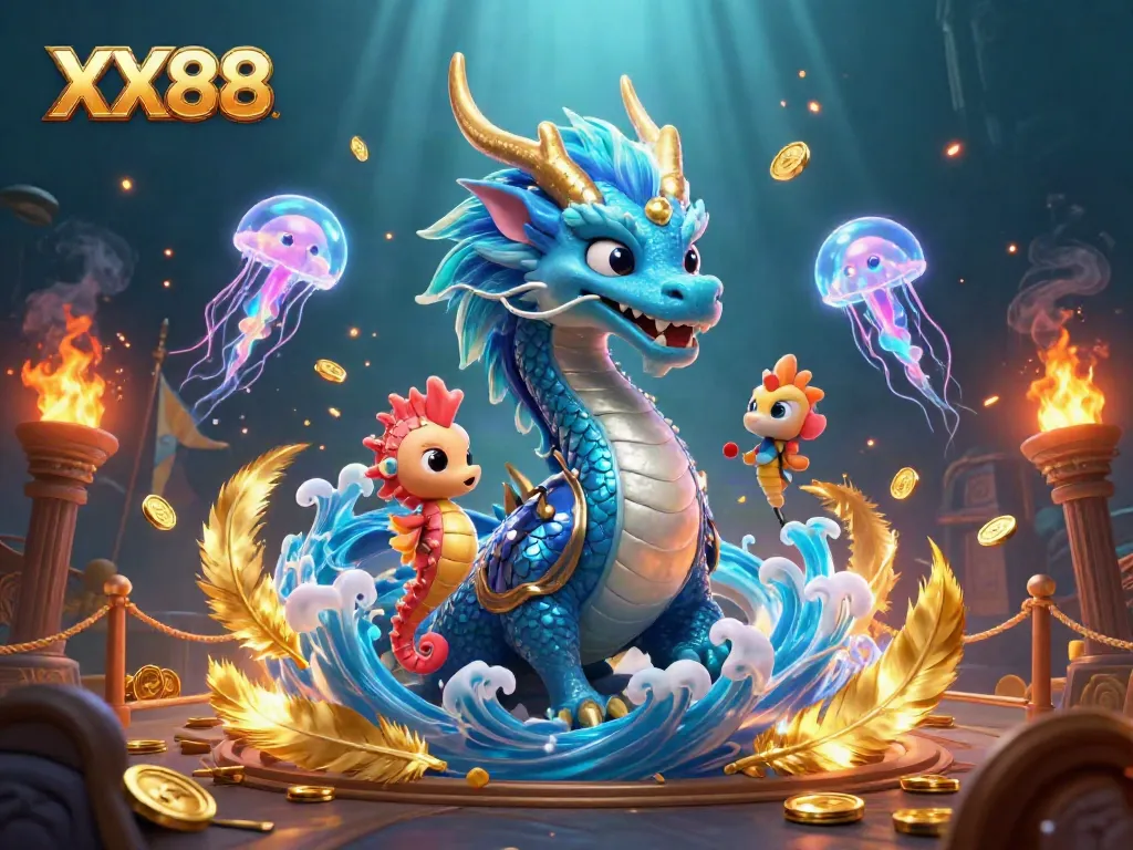 Experience the thrilling world of XX88 with an enchanting gaming scene featuring a dragon, knight, and jellyfish.