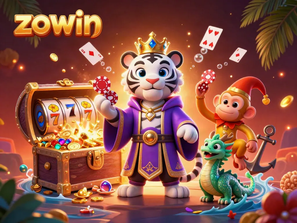 Experience breathtaking victories with zowin in this vibrant 3D casino scene featuring iconic gambling elements.