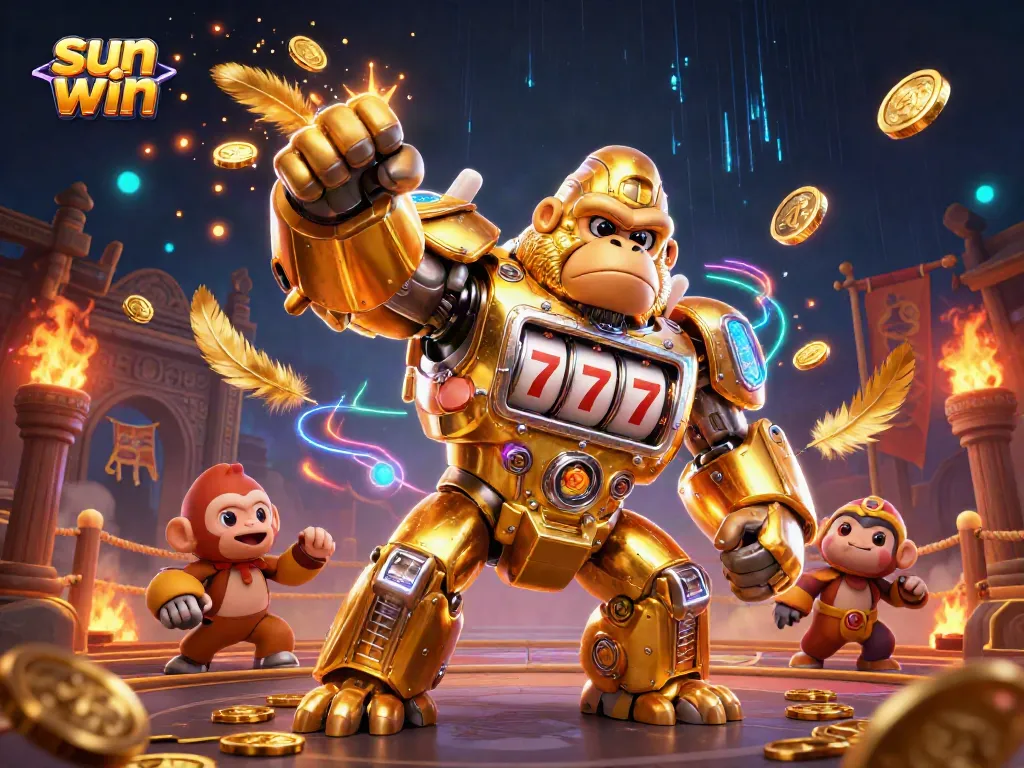 Immerse in the fun at Sun Win with a vibrant 3D illustration of a golden gorilla mech and dynamic casino elements.