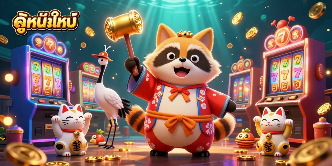 Engage with ดูหนังใหม่ in a colorful casino-themed scene featuring cheerful tanuki, crane, and lucky maneki-neko.