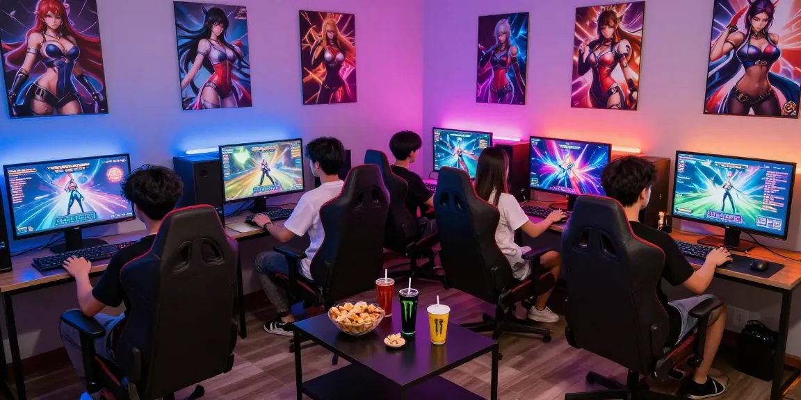Engaging gamers playing transformation hentai games in a vibrant lounge