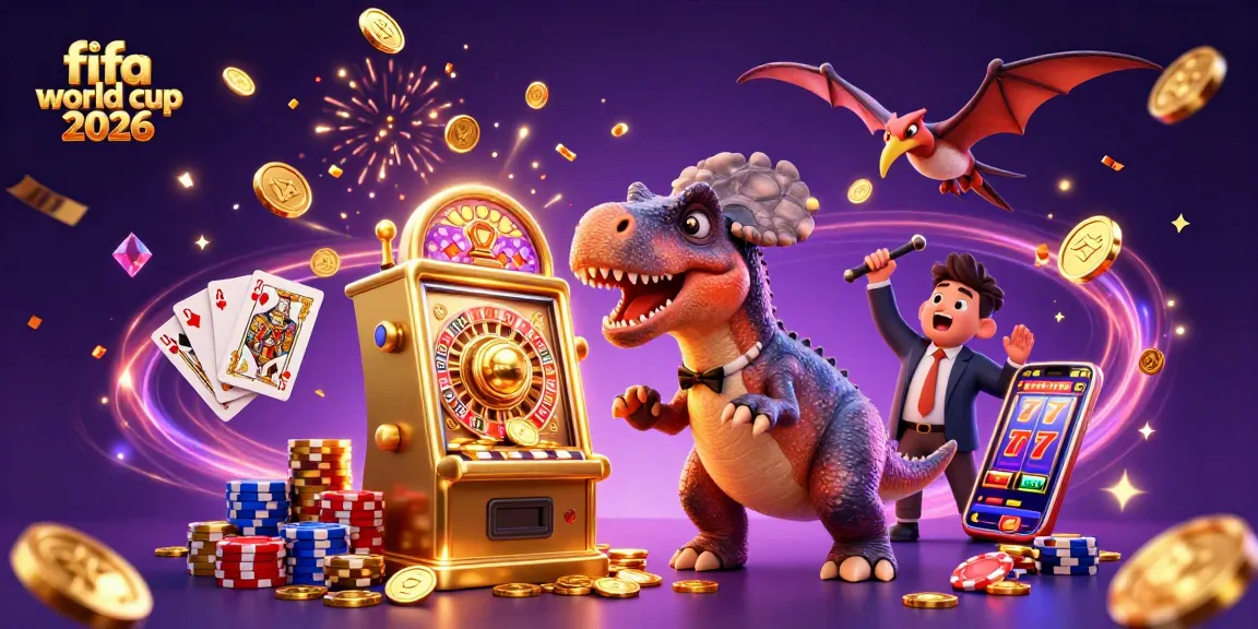 Exciting scene of a 3D cartoon dinosaur winning coins in a slot machine, celebrating the fifa world cup 2026.