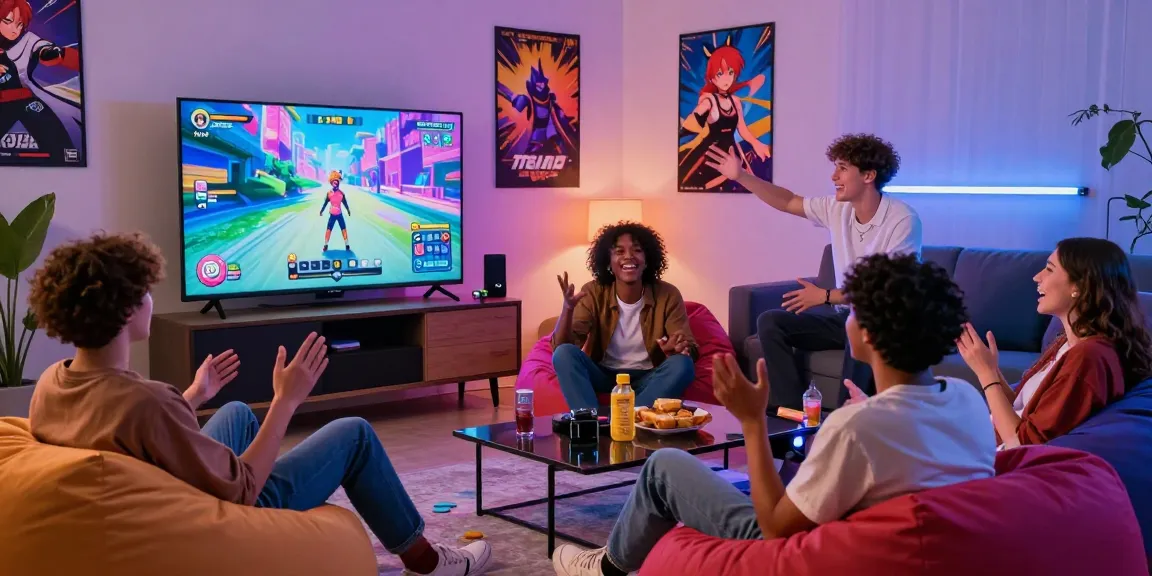 Exciting group of friends enjoying an ecchi game online in a cozy living room.