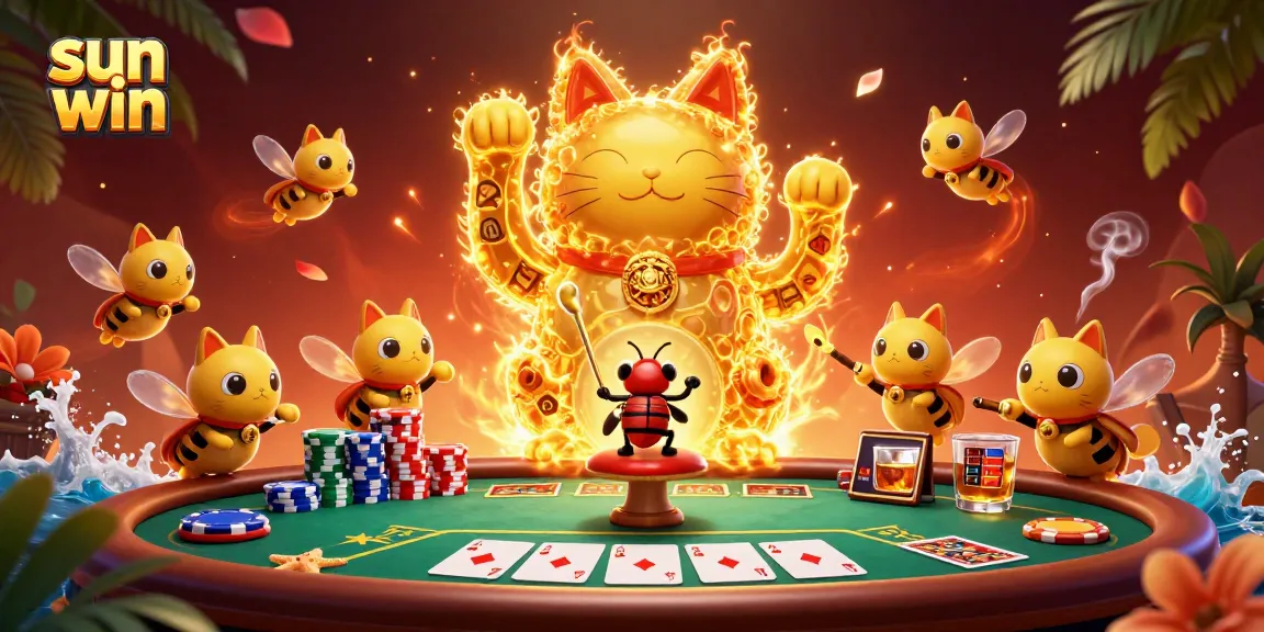 Join the excitement of sun win with a golden lucky cat and vibrant poker scene.