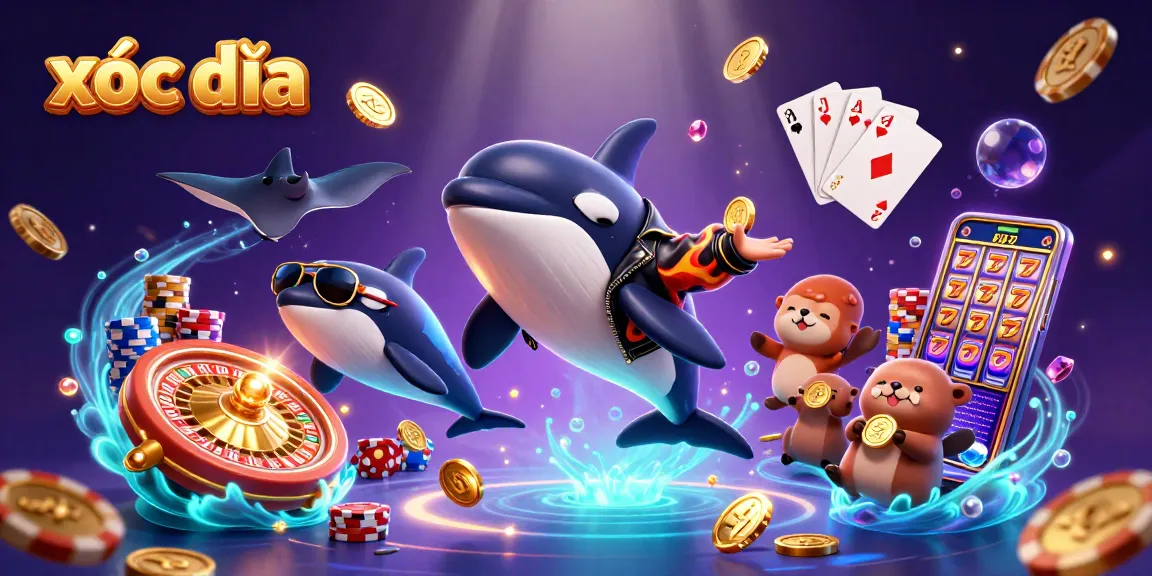 Xóc đĩa game scene with colorful creatures, floating coins, and casino elements creating an engaging gambling atmosphere.