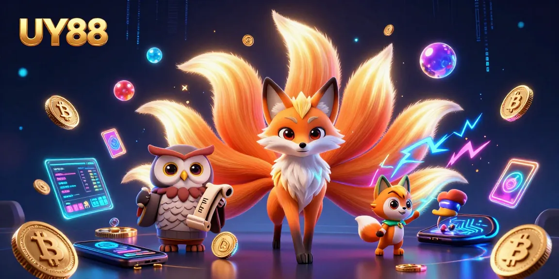 Engage in the vibrant UY88 casino experience with a magical nine-tailed fox and wise owl surrounded by crypto elements.