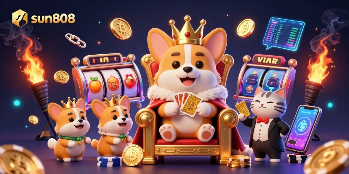 Experience thrilling gameplay at sun808 with a royal corgi king and vibrant casino elements.