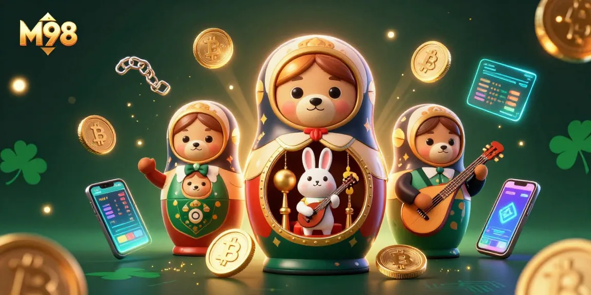 Experience thrilling M98 casino games with a vibrant illustration of playful bears and crypto elements.